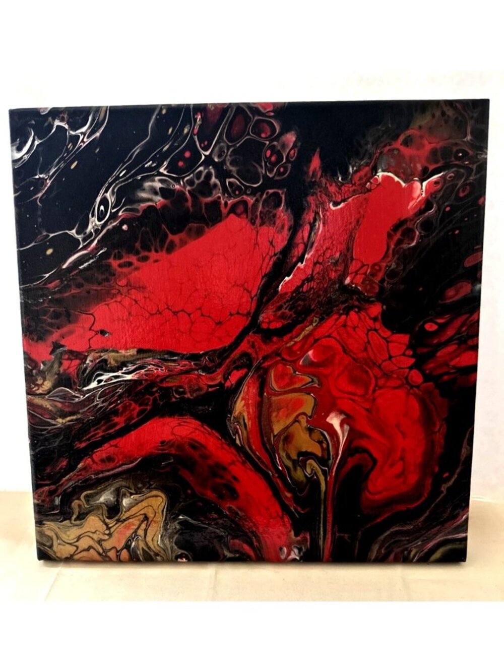Fluid Art Acrylic Paint Pour Canvas 12x12 Abstract Red Black Glossy Finish